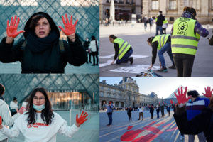 Des mains rouges peintes dans des lieux symboliques pour alerter sur la sortie du rapport du GIEC : image à la une
