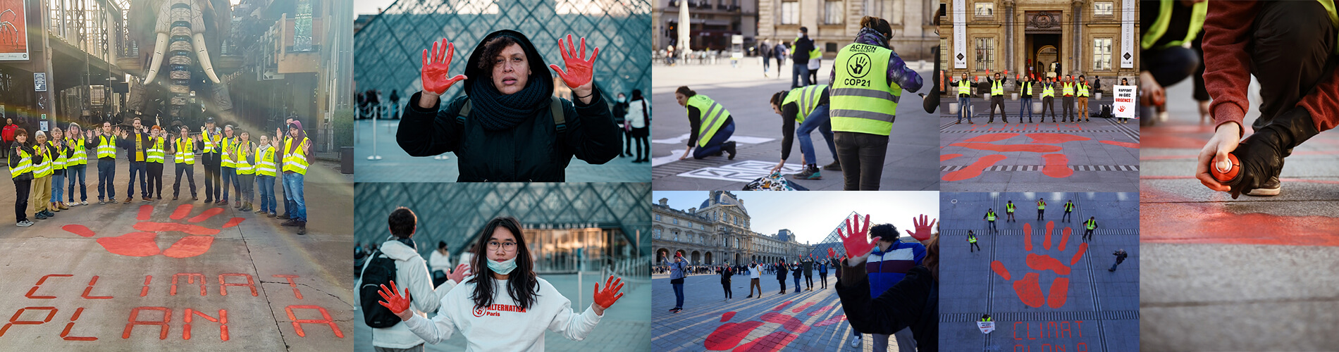 Des mains rouges peintes dans des lieux symboliques pour alerter sur la sortie du rapport du GIEC : Image à la une