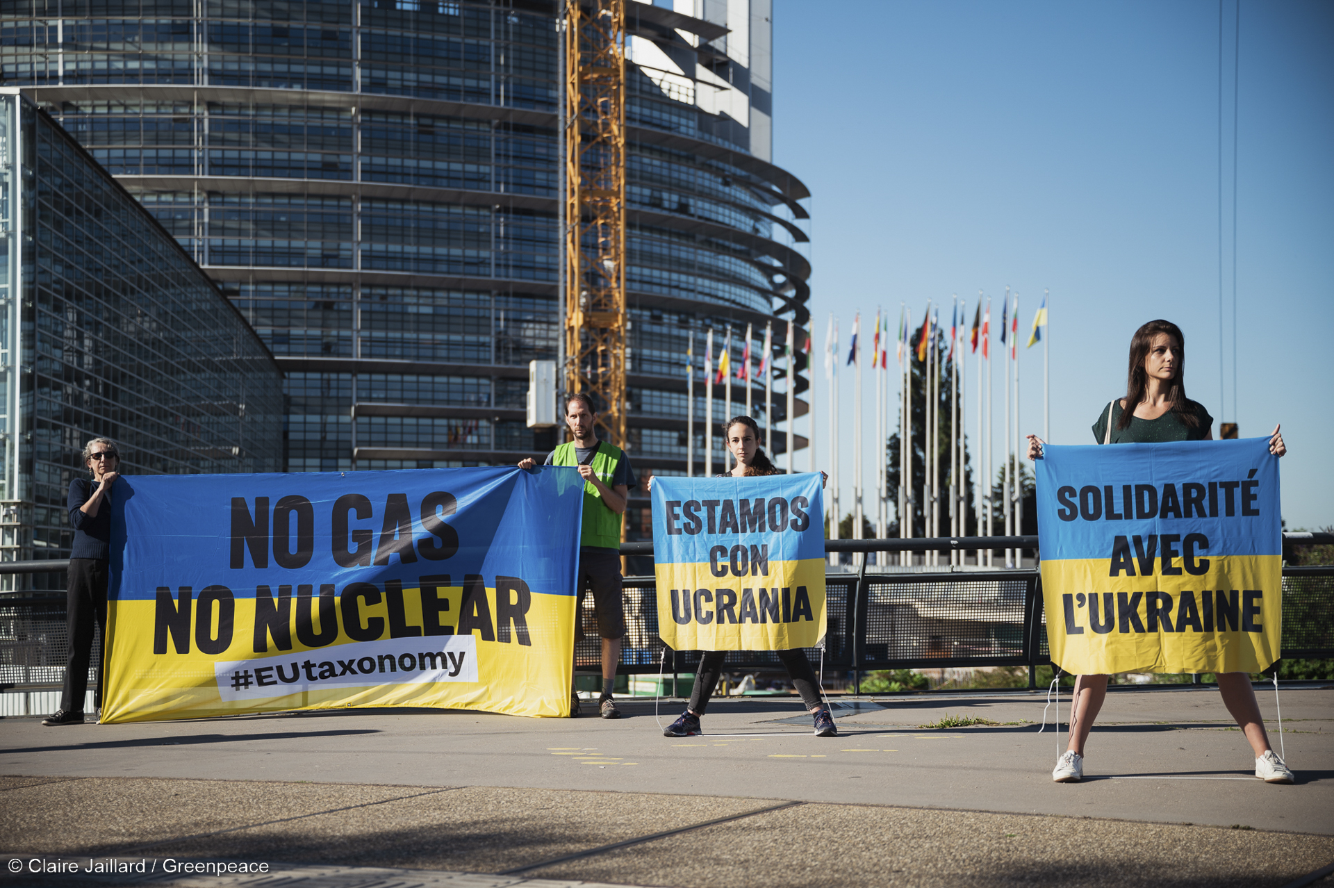 Mobilisation devant le parlement européen à Strasbourg à la veille du vote sur l'inclusion du nucléaire et du gaz dans la taxonomie européenne 