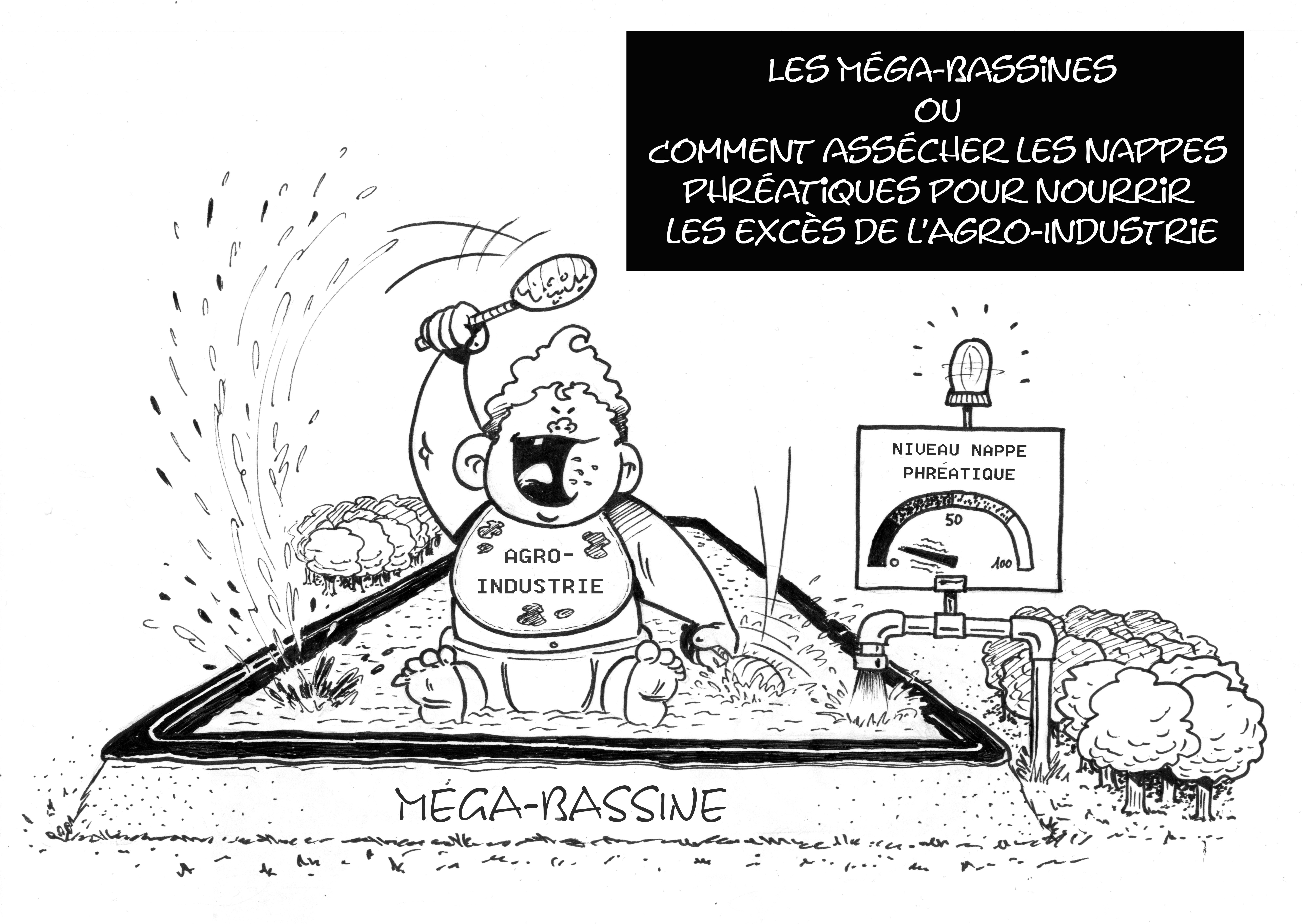 Illustration méga-bassines par Thomas Breheret pour Alternatiba et ANV-COP21