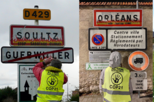 Plus de 800 panneaux de communes recouverts de flammes : dans toute la France, des citoyen⋅nes dénoncent le sabotage des COP : image à la une