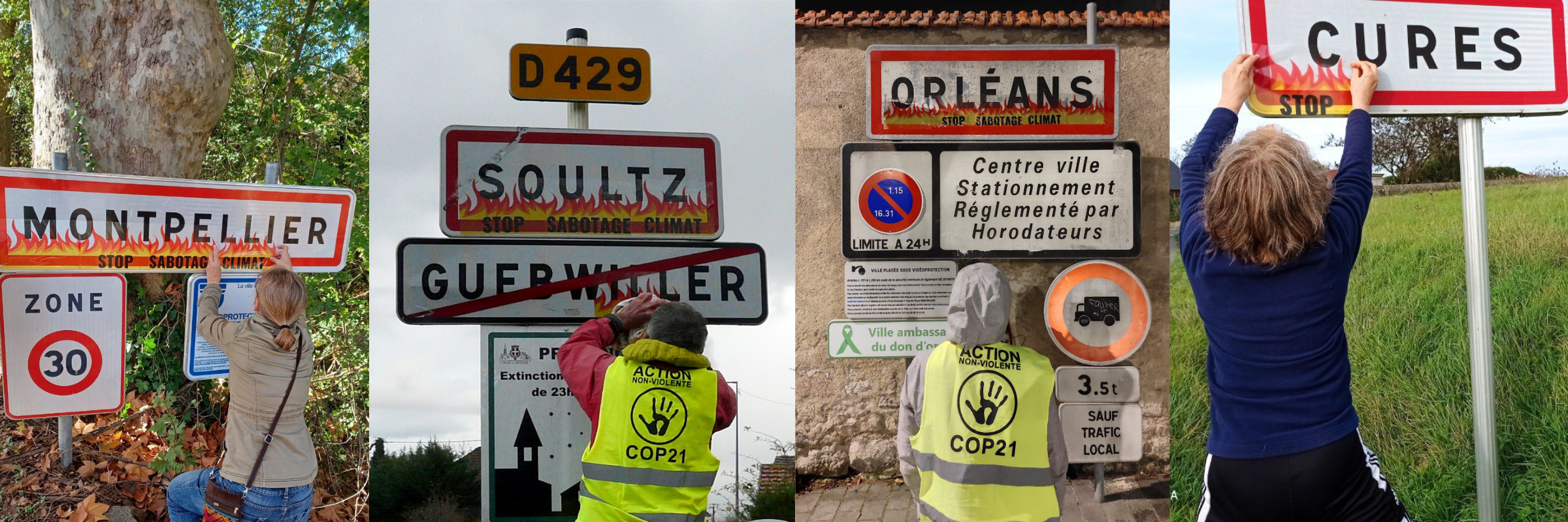 Quatre photos d'activistes collant des stickers flammes 